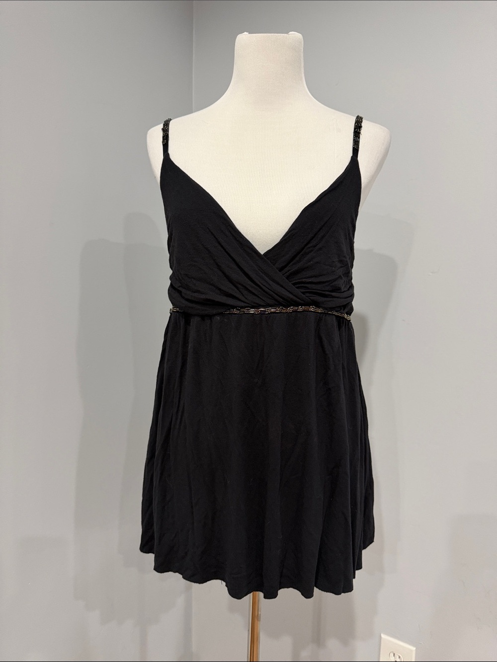 Black Sleeveless V-Neck Empire Waist tunic with beaded accent straps
